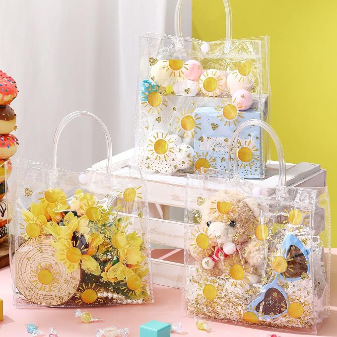 Hosuly 24 Pcs Boho Sun Clear PVC Gift Bags with Handle Button Reusable Yellow Sunshine Candy Treat Goodie Favor Bags for First Birthday Baby Shower Retro Summer Party Supplies