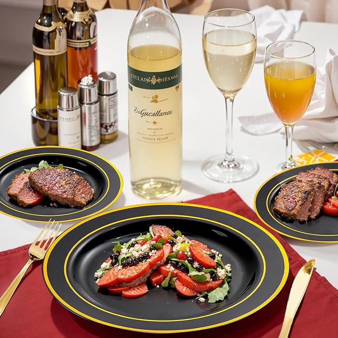 bUCLA 300PCS Black and Gold Disposable Dinnerware Set - 50 Guests Black Plastic Plates with Gold Rim Include 50 Dinner / 50 Dessert Plates, 50 Forks,50 Knives,50 Spoons&50 Cups for Party&Graduation