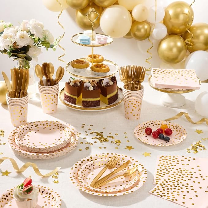 Goodlluck 175PCS Pink Gold Foil Polka Dot Disposable Party Tableware Set, 25 Guests | 9" & 7" Golden Dot Disposable Paper Plates, 9oz Cups, Napkins & Gold Cutlery for Birthday, Wedding & Baby Shower