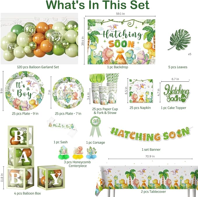 cocomigo 280PCS Dinosaur Baby Shower Decorations, 25 Dinosaur Theme Tableware, Includes It's A Boy Plates and Napkins, Backdrop, Balloon Kit for Hatching Soon Baby Shower Decorations