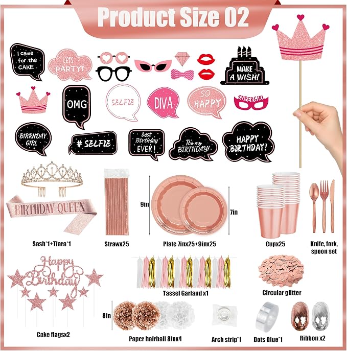 Birthday Decorations for Women or Girl,Rose Gold Balloons Birthday Decorations for Girl Kit Disposable Dinnerware Set with 25 Guest,Banner Balloon,Tiara,Sash,Pump,Photo Props and Butterfly Decorations