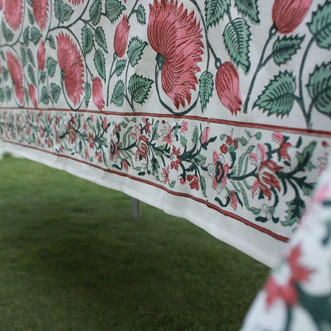 Ridhi Coral & Turquiose Green Hand Block Print Cotton Rectangle Tablecloth 102" x 48" inches Reusable Table Cover Decorative Everyday Use for Dining Room, Farmhouse, Home Gift for Spring, Mother's Day