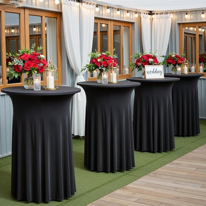 6 pk Black Cocktail Table Cloth Round 32×43in-High Top Highboy Bar Cocktail Tablecloths-Wrinkle Free Stretchy Fitted Spandex Table Covers with Ruffle Desk Skirt for Wedding Banquet Party Tables