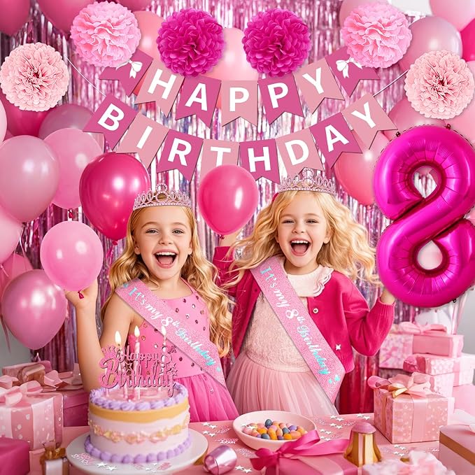 8th Birthday Decorations for Girls, Pink Party Decorations with Number 8 Balloon Happy Birthday Banner Bday Sash Crown Tablecloth Fringe Curtain Hanging Swirl for 8 Balloons for Bday Girl