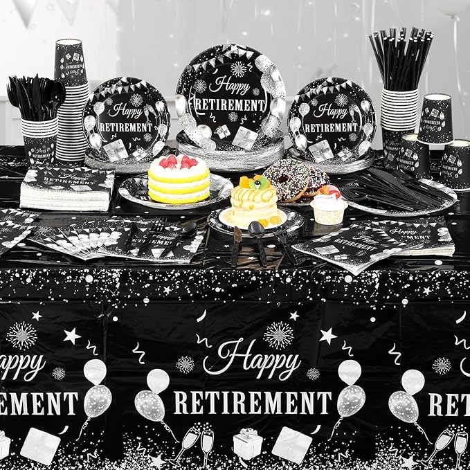 Funnymoom 452 Pcs Retirement Party Decorations Supplies Set Include Black and Silver Retirement Paper Plates Napkins Cups Tablecloth Cutlery Straws for Men Women Say Goodbye Party