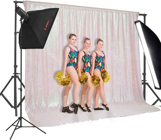 PartyDelight Iridescent White Sequin Backdrop 20x10ft 4 Inch Rod Pocket | Iridescent white 3mm sequins show pink and purple tones under light on mesh backing for photos arches stages and party walls