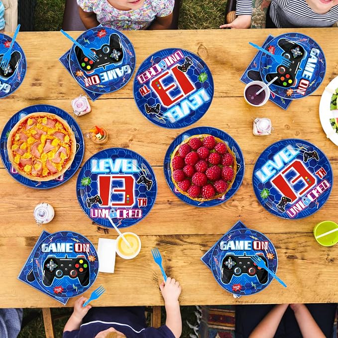 Grencian 96Pcs 13th Birthday Party Decorations Blue Video Game Plates Disposable Blue Official Teen 13th Birthday Paper Tableware Set for Boys 13 Year Old Video Game Theme Party Supplies, Serves 24