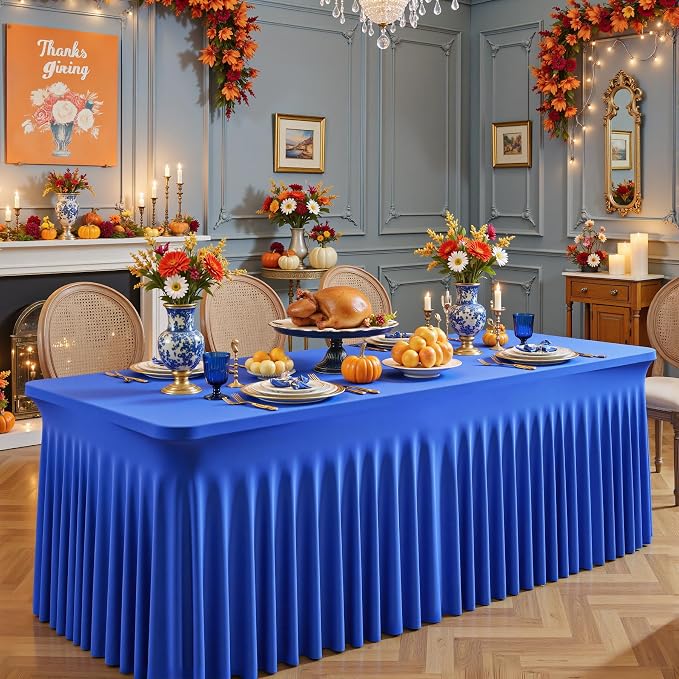 Shillance 6 Packs Royal Blue Tableclothes for 8 Foot Rectangle Table, Wrinkle Free Spandex Tablecovers 8FT Stretch Fitted Table Cloth with Skirt for Birthday Parties Graduations Event Wedding Banquet