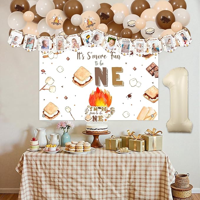 Sursurprise S’more 1st Birthday Decorations, It’s S’more Fun To Be One First Birthday Backdrop Cake Topper Photo Banner High Chair Banner Balloon Garland Arch Kit, Camping Camp Camper Party Supplies