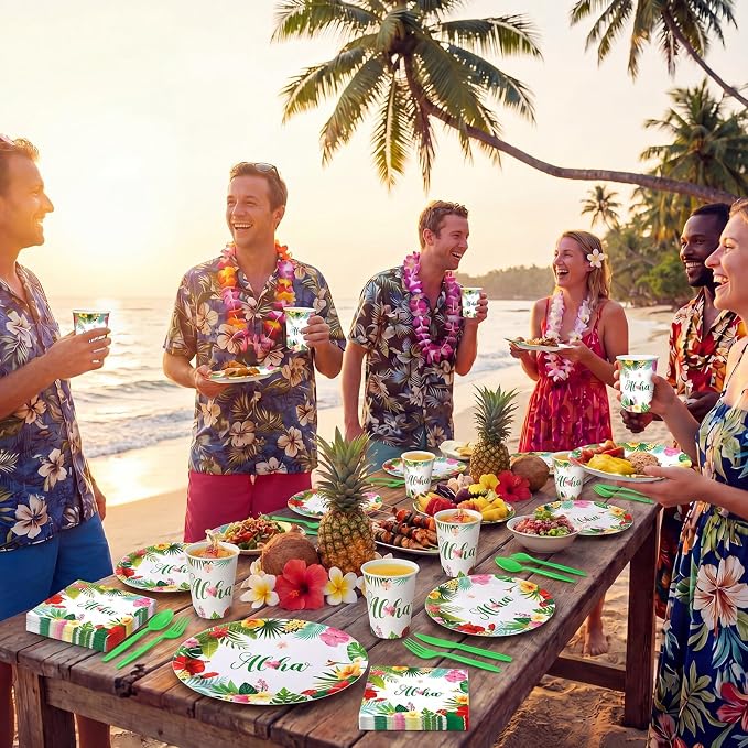 Pajean 350 Pcs Summer Hawaiian Party Supplies Luau Oval Plates and Napkins Set Palm Leaf Aloha 12 in Disposable Tropical Heavy Duty Paper Tableware Set for 50 Guests Summer Luau Beach Party Supplies