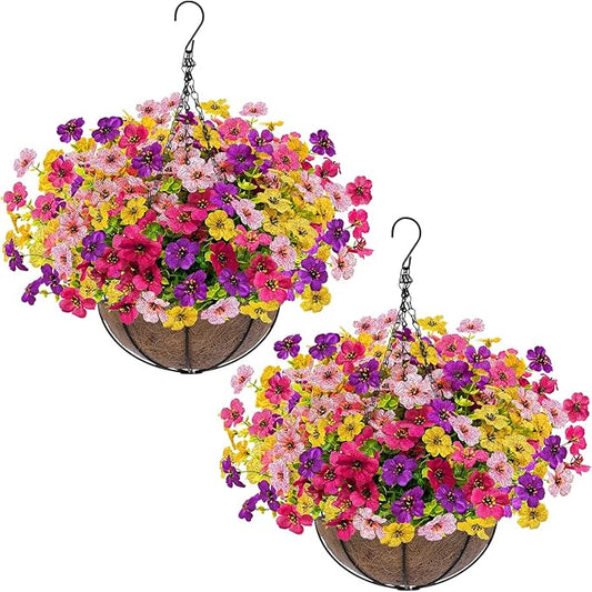 2 Sets Artificial Hanging Plants Flowers Basket Outdoor, Fake Hanging Plants 24 Pcs Flowers for Porch Patio Garden Home Decor for Mothers Day Memorial Day Spring Summer (Red, Purple, Yellow, Rose Red)