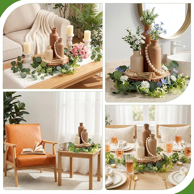 Geelin 6 Pcs Rustic Table Centerpieces, Set of 3 Boho Ceramic Vases, Wooden Serving Tray, Modern Farmhouse Wood Beads Garland Tassel, Artificial Greenery for Home Coffee Tabletop Decor(Neutral)