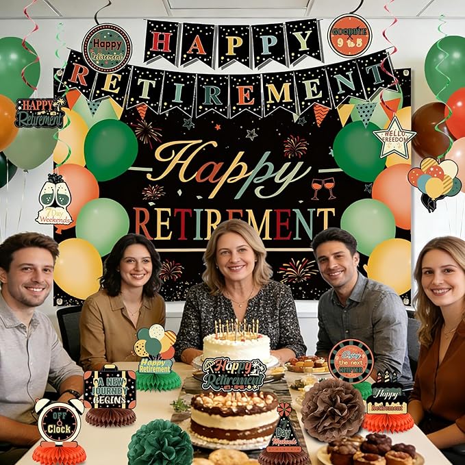 Retirement Party Decorations for Men Women Vintage Happy Retirement Banner Backdrop Balloons Paper Pompoms Honeycomb Centerpiece Cake Topper Hanging Swirl Set