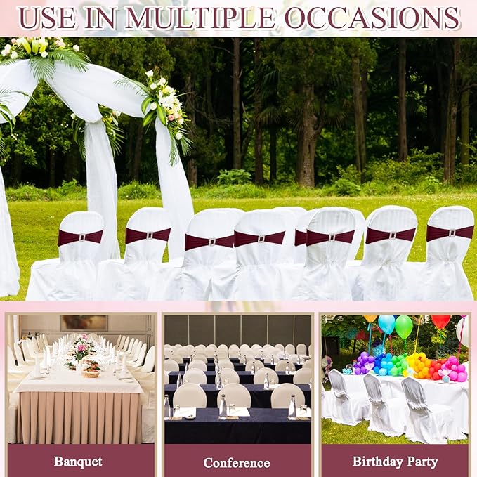 VitalCozy 100 Pcs Spandex Chair Sashes with Square Buckle Slider Stretch Chair Cover Band Universal Elastic Ties Straps Bows for Wedding Banquet Event Party Decoration(Burgundy)