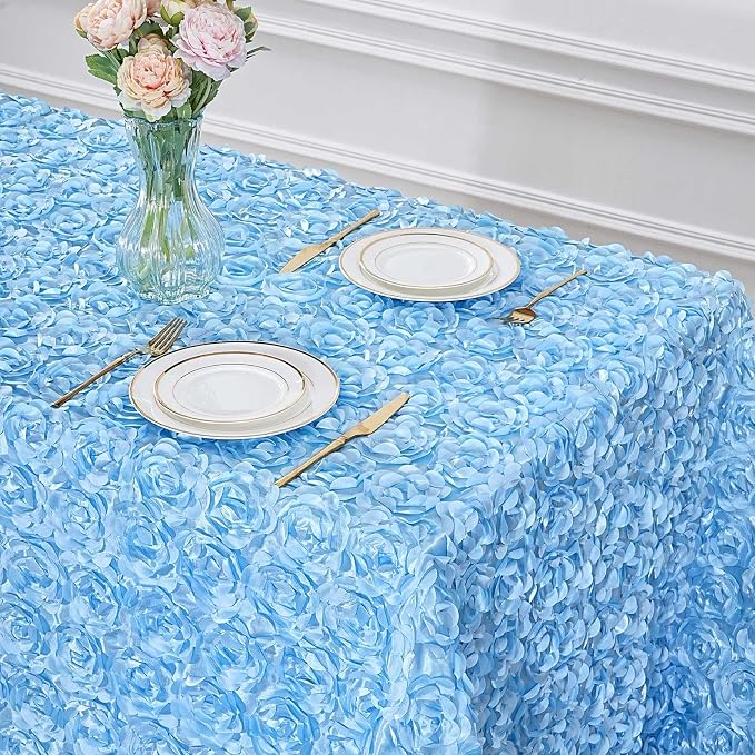 B-COOL Light Blue Rosette Tablecloth 3D Floral Satin Rectangle Table Cloths 90x132 Inch for Baby Shower Wedding Birthday Romantic Party Ceremony Floral Table Overlay