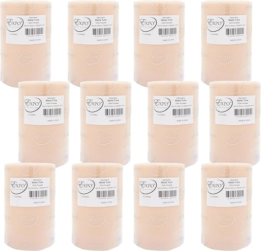 Expo International Decorative Matte Tulle, Roll/Spool of 6” X 100 Yards, Lightweight Polyester Tulle Fabric for Tutus, Costumes, and Party Decorations, Washable, Easy-to-Use, Pack of 12, Beige