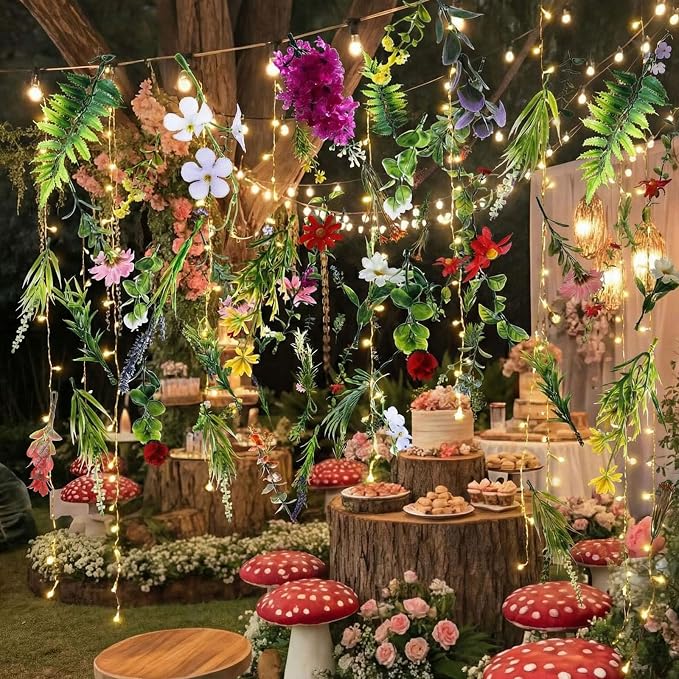Suncalla 6 Pack 35.4ft Fake Flower Garland Backdrop with LED Lights Hanging Wildflower Floral Vine Decorations for Wedding Bridal Shower Birthday Baby Shower Party Backdrop(Fresh,Multicolor)