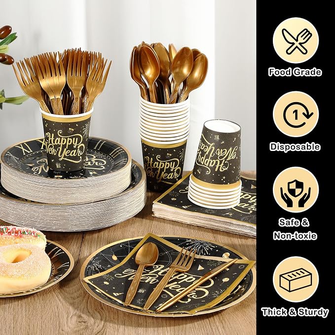 Zhehao 350 Pcs Happy New Year Party Supplies Tableware 2026 New Years Eve Dinnerware Set for 50 Guests Disposable Black Gold Paper Plates, Napkin, Cup, Knife, Fork and Spoon for Celebration(Clock)