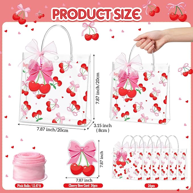 Hosuly 24 Pcs Cherry Clear Gift Bags with Ribbon Roll Cherry Transparent PVC Goodie Bags Bulk Pink Bow Reusable Treat Pouches for Wedding Birthday Baby Shower Y2k Party Supplies