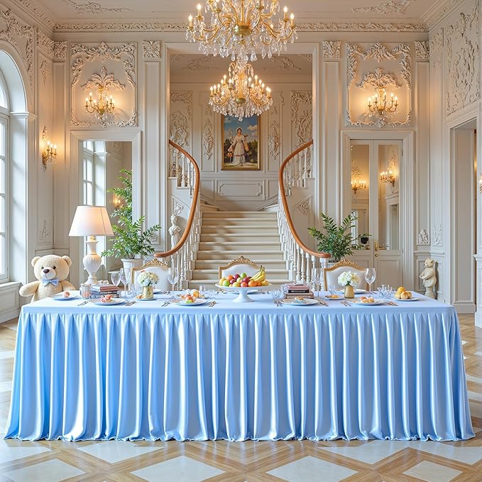 Blue Satin Tablecloths Rectangle 6FT, Glitter Spandex Fitted Stretch Table Covers Wrinkle-Free Floor Length Shimmer Table Skirt for Weddings Parties Baby Shower Banquets Vendor Events