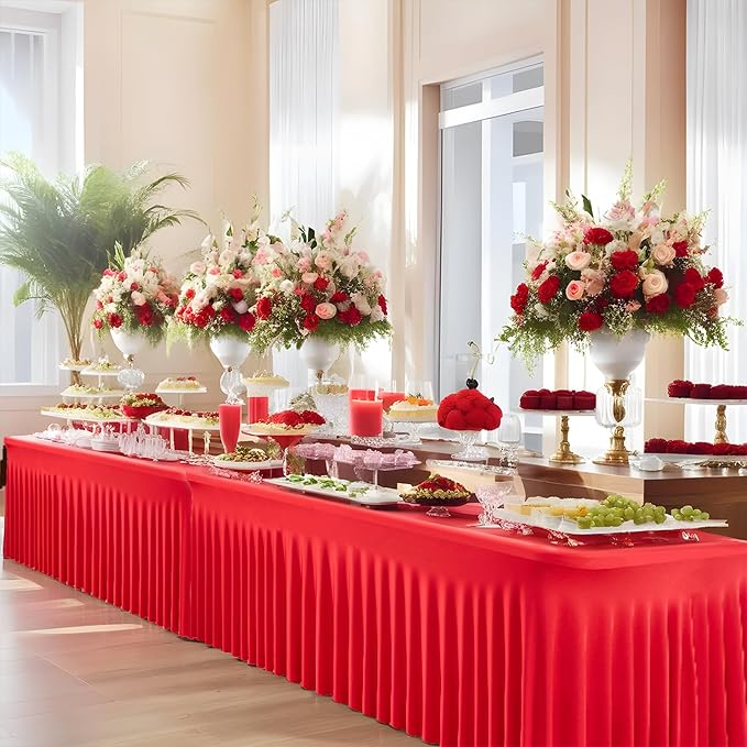 4 pk Red Spandex Tablecloth 6ft with Ruffle Skirt,Wrinkle Free High Stretchy Fitted Tablecloths for 6 Foot Rectangle Tables,Pleated Spandex Table Covers 6ft for Christmas Parties Banquet Weddings