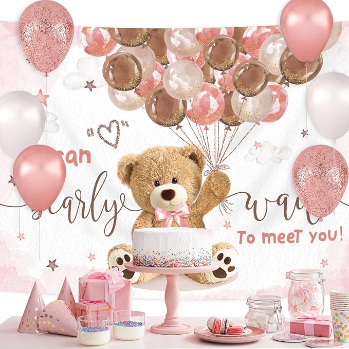 We Can Bearly Wait Backdrop 8Wx6H Feet Bear Baby Shower Girls Pink Brown Balloons Cartoon Cute Clouds Stars Polyester Fabric Newborn Photography Backgrounds Photo Shoot Decor Props Decoration