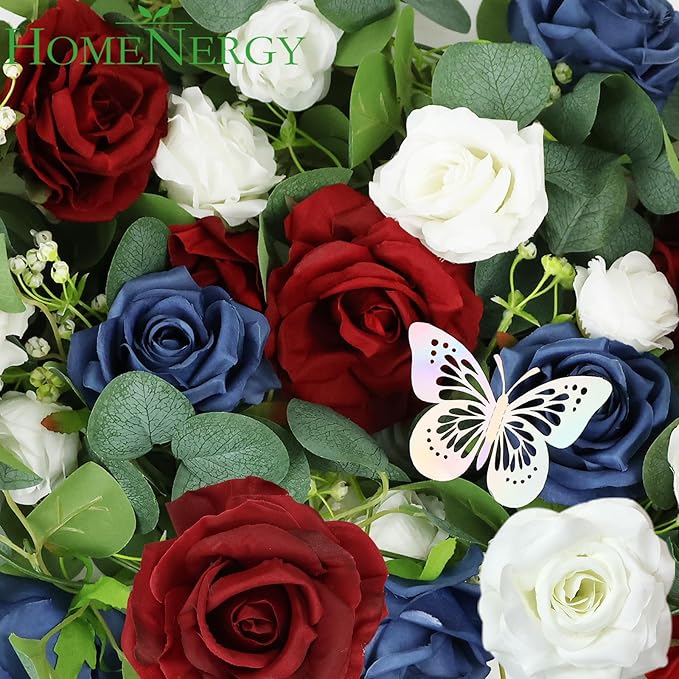 12FT Artificial Eucalyptus Flower Garland with Butterflies - Pack of 2 Fake Rose Faux Greenery Eucalyptus Garlands for Wedding Table Backdrop Centerpieces Decorations - Navy Blue & Burgundy& White