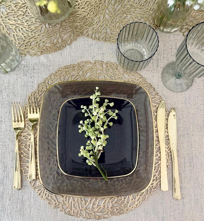 " OCCASIONS " 100 Plates Pack,(50 Guests) Premium Wedding Party Disposable Plastic Plates Set -50 x 10'' Dinner + 50 x 7'' Salad/Dessert (Belize Square in Black & Gold)