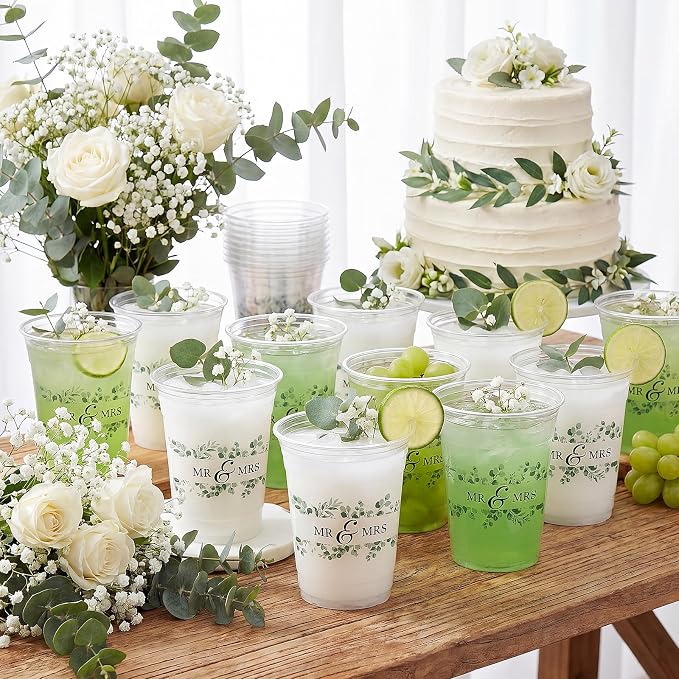 Jingmore 200 Pcs Wedding Plastic Cup 12 oz Wedding Disposable Cups for Reception Thick Clear Cup Happily Ever After Mr and Mrs Just Married Cups for Bridal Shower Decorations (Green Floral)