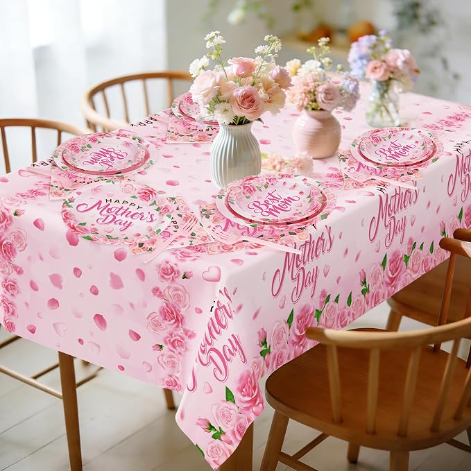 122 PCS Mothers Day Plates and Napkins Set, Serves for 30 Guests Pink Mother's Day Home Decor with Flowers, Disposable Paper Plates Napkins Plastic Forks Tablecloth for Best Mom Party Supplies