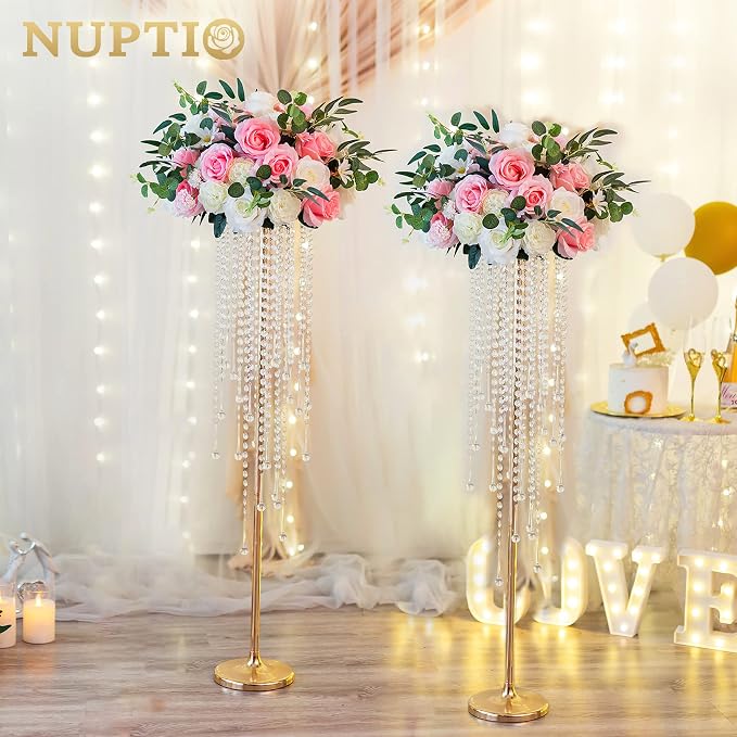 NUPTIO Wedding Centerpieces Gold Vases: 2 Pcs 39.4in Tall Crystal Flower Vase Metal Flowers Stand for Party Tables Decorations - Elegant Bulk Weddings Decoration Table Chandelier Centerpiece Stands