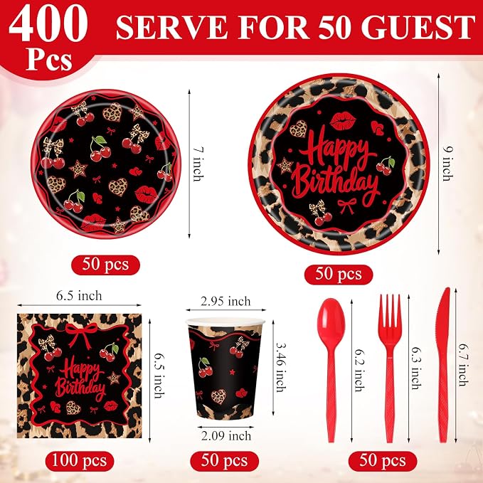 400 Pcs Red Cheetah Print Birthday Decoration for 50 Guests, Red and Black Cheetah Cherry Paper Plates Napkins Cups Cutlery Leopard Tableware for Y2K Girls Night Big Mama Party Supply