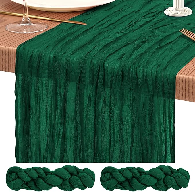 2 Pack Cheesecloth Table Runner 10FT Emerald Green Table Runner Boho Gauze Cheese Cloth Table Runners Long Rustic Sheer Table Decorations for Wedding Party Baby Bridal Shower Birthday Holiday Home