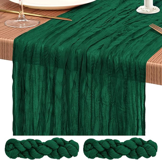 2 Pack Cheesecloth Table Runner 10FT Emerald Green Table Runner Boho Gauze Cheese Cloth Table Runners Long Rustic Sheer Table Decorations for Wedding Party Baby Bridal Shower Birthday Holiday Home