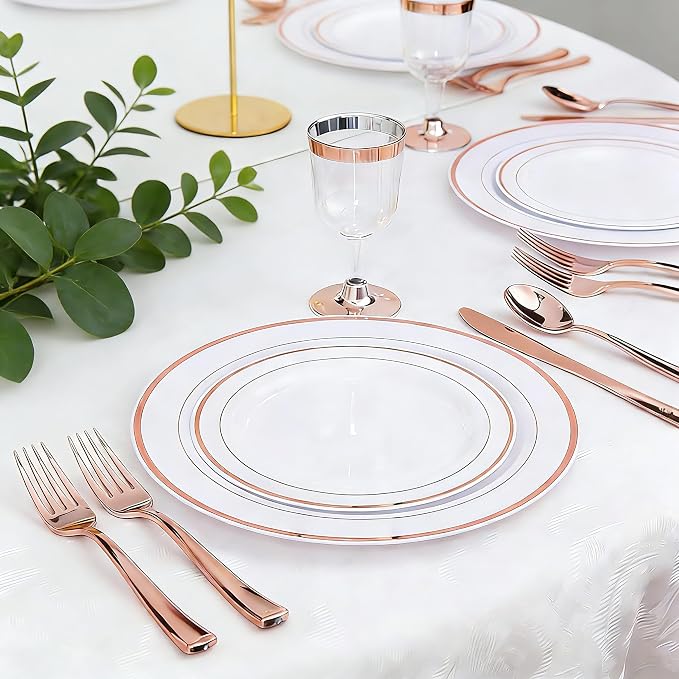 WDF 120 Pieces Rose Gold Plastic Silverware- Disposable Flatware Set-Heavyweight Plastic Cutlery- Includes 40 Forks, 40 Spoons, 40 Knives for Baby Shower Wedding Spring Party