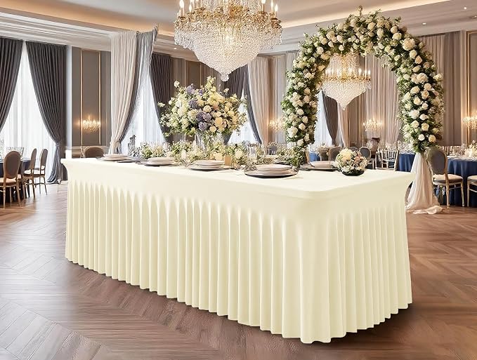 2 Packs Ivory Stretch Table Skirts for 8 Foot Rectangle Table, Washable Spandex Stretch Tablecloths with Skirt, Wrinkle Resistant Fitted Tablecover for Wedding Party Banquet