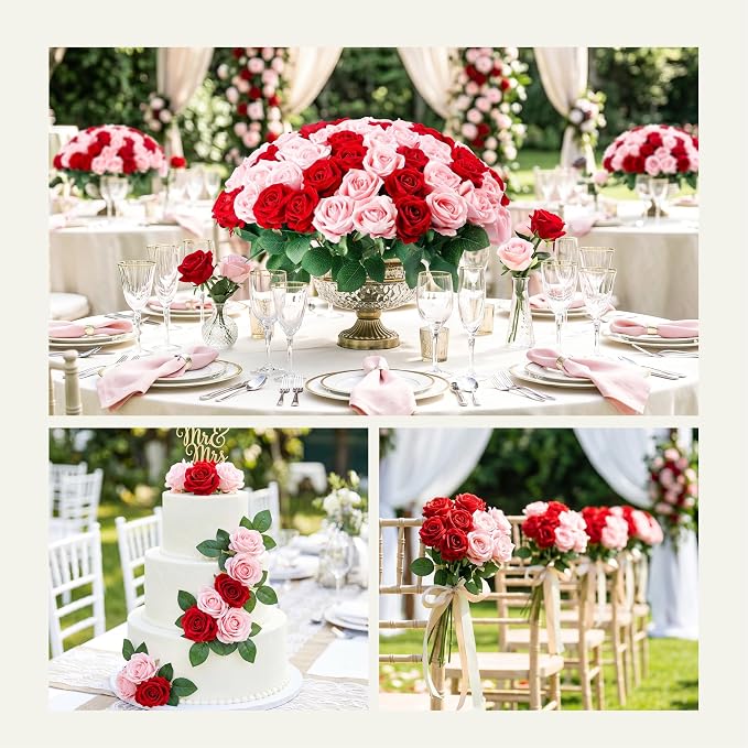Auihiay 60PCS Artificial Roses, Pink and Red Roses, Velvet Silk Roses, Realistic Artificial Flowers for Father's Day, Wedding Centerpieces, Bridal Bouquets, Home Decor, Anniversary, Valentine's Day