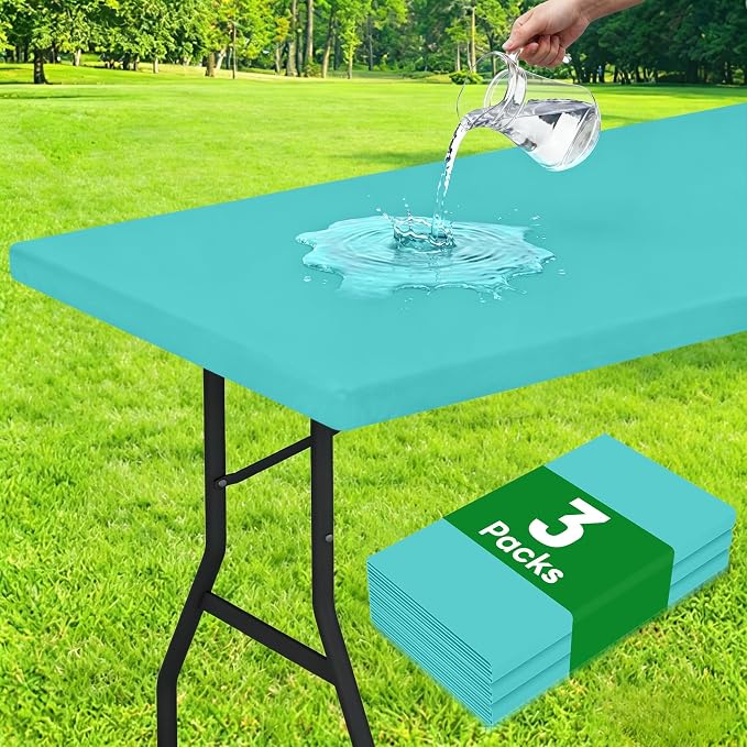 Smiry 3 Pack Rectangle Table Cloth, Elastic Fitted Flannel Backed Vinyl Tablecloths for 8ft Folding Tables, Waterproof Wipeable Table Covers for Indoor, Outdoor, Camping and Picnic (Teal, 30"x96")