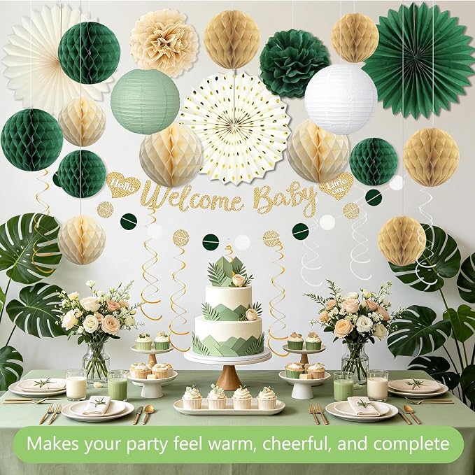 Sage Green Baby Shower Decorations Boy, Pre-Strung Welcome Baby Sign with Honeycomb Balls, Paper Flowers, Lanterns, Fans, Hanging Swirls, Circle Dots Garland for Boy Baby Shower Decorations 24pcs