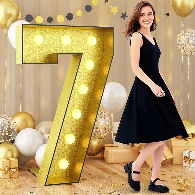 Light Up Number 7, Marquee Light Up Numbers Gold 4FT, Large Led Numbers Lights for 7th Birthday, 4 Feet Tall DIY Frame Pre-Cut Foam Board Kit for Night Light Party Anniversary Decorations
