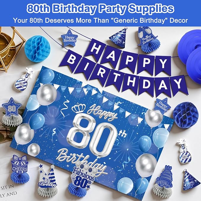 Happy 80th Birthday Party Decoration: Including Birthday Banner Backdrop, Party Table Centerpieces and Hanging Swirl Party Streamers, Birthday Decor for Men and Women (Blue, 80th Birthday)