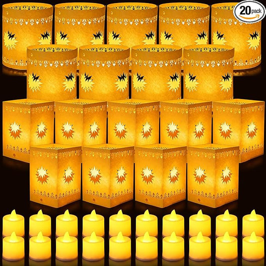 20 Set Paper Lanterns with LED Candles for Table Centerpieces, Sun Shaped Thickened Paper Cutout Lantern for Princess Girls Birthday Party Wedding Festival Decorations (Yellow)