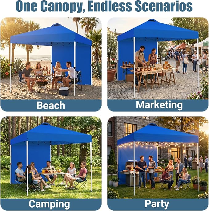 10x10 Pop Up Canopy Tent with One Sidewall, Instant Folding Outdoor Shelter with Air Vent, High Strength Steel Frame and Handheld Carry Bag for Backyard Party, Camping, Blue