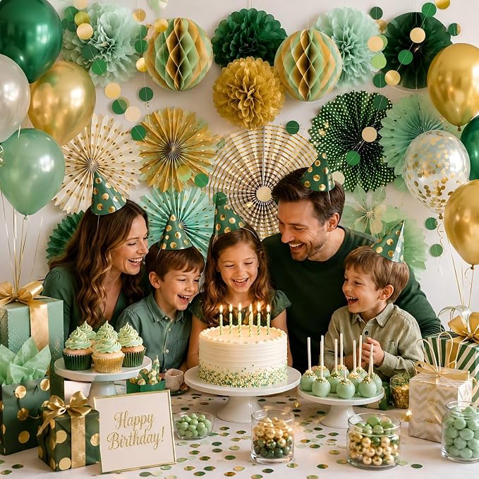 Sage Green Gold Party Decorations, Paper Fans Honeycomb Balls Circle Garlands for Graduation, Boho Gender Neutral Baby Shower, Olive Woodland Birthday, Bridal Shower Party Supplies, 20Pcs