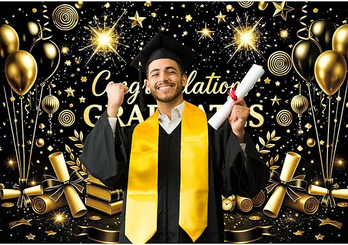 Class of 2026 Graduation Backdrop - 7x5ft Congraduations Graduate 2026 Photo Booth Background for Prom Party with Black and Gold Congrats Grad Banner Supplies Decor (Black)