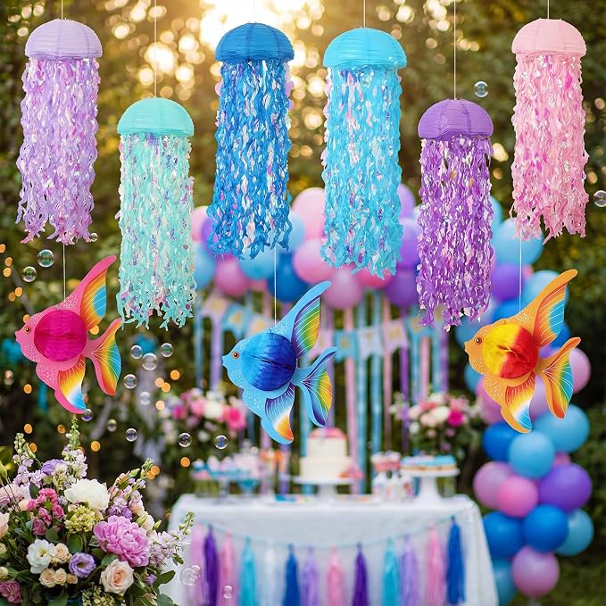 24 Pcs Under the Sea Party Decorations Hanging Jellyfish Paper Lanterns Hanging Tropical Fish Decorations for Mermaid Themed Party Luau Hawaiian Birthday Ocean Classroom Beach Room Decor