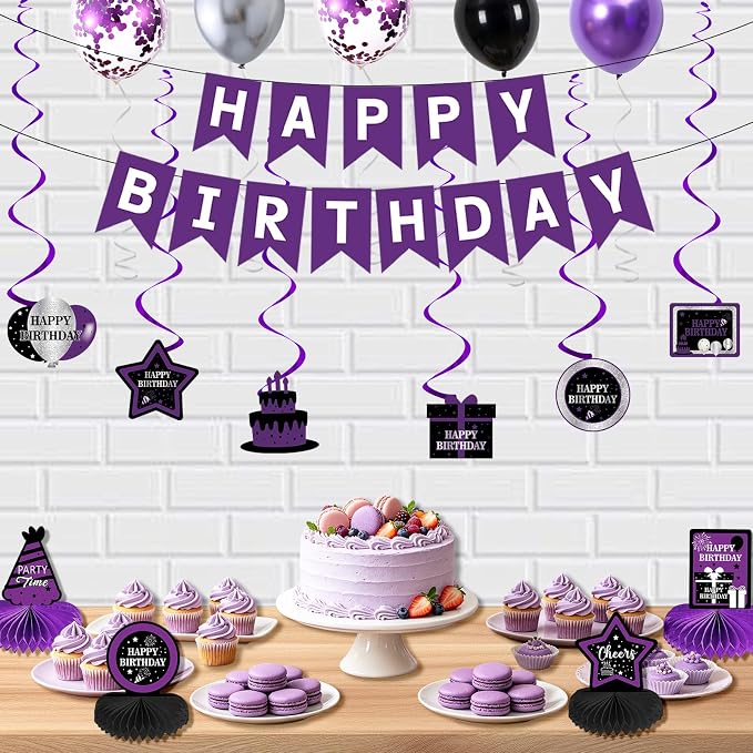 Black and Purple Birthday Decorations for Women Girls Men, Purple and Silver Party Decorations Happy Birthday Banner Backdrop Honeycomb Centerpiece Table Decoration Black Confetti Silver Balloons Arch