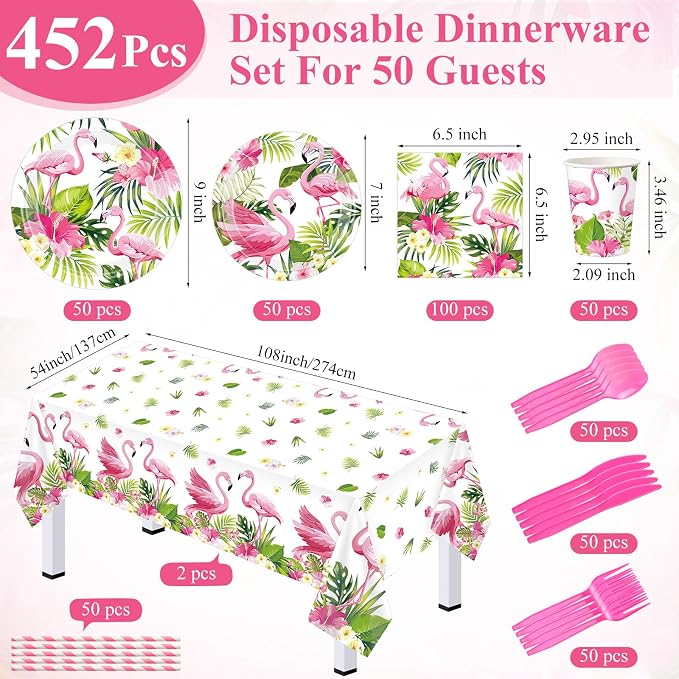 LemonRoad 452 Pcs Hawaiian Flamingo Party Decorations for 50, Hawaiian Tropical Paper Plates Napkins Cups Tablecloth Cutlery Straws Luau Disposable Tableware for Aloha Summer Birthday Party Supplies