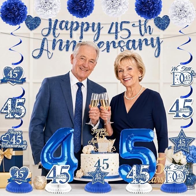 45th Wedding Anniversary Decorations Kit Blue Happy 45th Anniversary Banner Backdrop Table Honeycomb Centerpiece Hanging Swirls Poms Decor for Men Women 45 Years Wedding Anniversaries Party Supplies