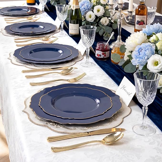 WDF 100pcs Blue Plastic Plates - Baroque Blue&Gold Disposable Plates for Parties/Wedding-50Plastic Dinner Plates 10.25in, 50Salad Plates 7.5in for Party/Birthday/Wedding/Graduation